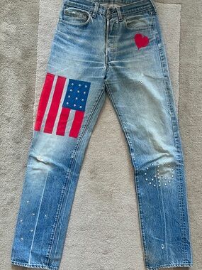 Original Levi 501’s blue Distressed Jeans with Red Flag & Heart Accents